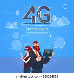 Business Man Woman Wear Digital Glasses Use Laptop Computer 4g Internet Speed Flat Vector Illustration