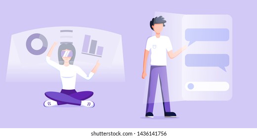 Business Man and woman wearing virtual reality glasses and touching vr web interface, play games.  