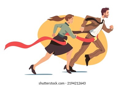 Business man, woman winners persons running, crossing finish line ribbon. Confident businesspersons colleagues team win race competition achieving success. Leadership concept flat vector illustration