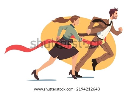 Business man, woman winners persons running, crossing finish line ribbon. Confident businesspersons colleagues team win race competition achieving success. Leadership concept flat vector illustration