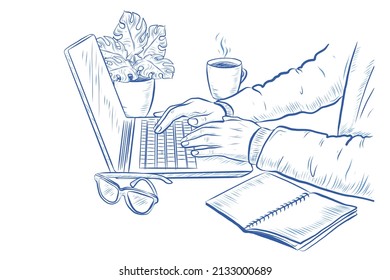 Business man or woman working at home office or company Male or Female Typing on Laptop Keyboard. Pencil Hand Drawn Vector Illustration Retro and Vintage Style Officer Working background illustration