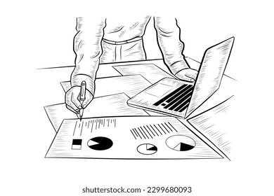 Business man or woman working at home office or company Male or Female Typing on Laptop Keyboard. Pencil Hand Drawn Vector Illustration Retro and Vintage Style Officer Working background illustration