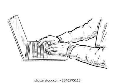 Business man or woman working at home office or company Male or Female Typing on Laptop Keyboard. Pencil Hand Drawn Vector Illustration Retro and Vintage Style Officer Working background illustration