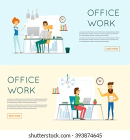 Business man and business woman working in office.Banners.  Flat vector illustration.
