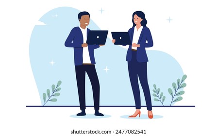 Hombre y mujer de negocios trabajando en la computadora - Hombre de negocios y mujer de negocios de pie con el ordenador portátil en las manos en la ropa de oficina de cuello blanco corporativo sonriendo y trabajando juntos. Vector de diseño plano