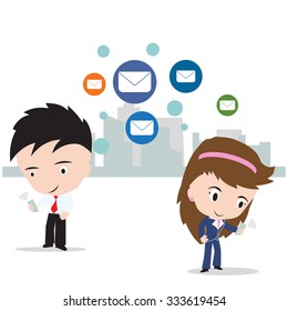 business man and woman working on internet for send mail to social network concept, isolated on white background, vector illustration