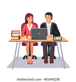 Business Man And Woman Working Together As A Team Sitting At One Desk With Laptop And Tablet Computers. Flat Style Vector Illustration.