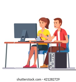 Business man and woman working together sitting at one desk with desktop computer big monitor. Flat style color modern vector illustration.
