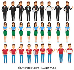 Business man, woman and young guy in various poses vector illustration.