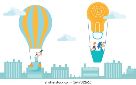 Business Man and Women Flying in Sky on Hot Air Balloon and Planning ahead Flat Cartoon Vector Illustration. Looking through Spyglass and Binoculars City. Exploration concept. Light Bulb Form.