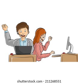 Business man and business women playing modern computer