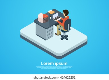 Business Man Work Computer Laptop Workspace 3d Isometric Vector Illustration