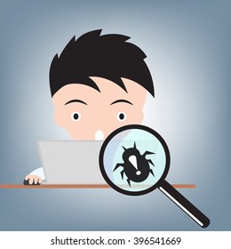Business man work with computer and magnifying glass with bug, internet virus crime concept, illustration vector in flat design