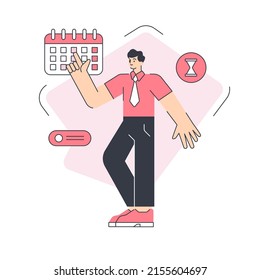 Ilustración plana vectorial de notificación de la fecha límite de trabajo del hombre de negocios. Programa de trabajo de jefe masculino cuenta regresiva diario gestión de eventos de advertencia planificación reunión importante