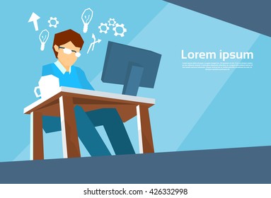 Business Man Work Desktop Computer Flat Vector Illustration