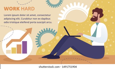 Business Man Work Hard Analysing Project Statistics on Laptop at Gears, Charts and Cogwheels Background. Businessman Data Analysis Working Process Cartoon Flat Vector Illustration, Horizontal Banner
