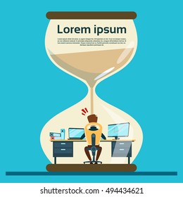 Business Man Work Hard At Computer Over Big Sand Watch Deadline Concept Flat Vector Illustration