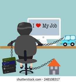 business man work for his debt credit card,mortgage,leasing for car on the computer screen show I love my job