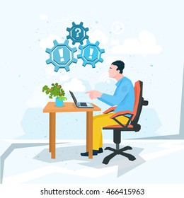 Business Man Work Laptop Computer Problem Exclamation Mark Flat Vektorgrafik