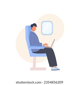 Business man work at laptop sitting in airplane chair. Passenger tourist with computer travel by plane. Flat vector illustration