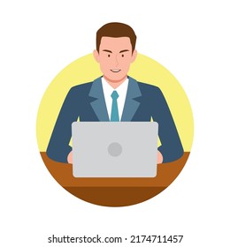 Geschäftsmann arbeitet bei Laptop. Vektorbild
