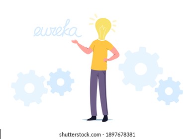 Business Man Work on Project Searching Creative Idea Yell Eureka. Male Character with Huge Glowing Light Bulb Instead of Head Thinking, Brainstorming, Research Solution. Cartoon Vector Illustration