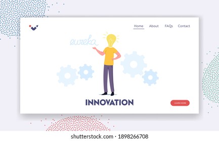 Business Man Work on Project Search Creative Idea Yell Eureka Landing Page Template. Male Character with Huge Bulb Instead of Head Thinking, Brainstorm, Research Solution. Cartoon Vector Illustration