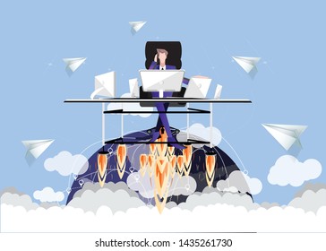  business man work on the table and technology Contact communicate, computer,cellphone, tablet, laptop with earth,cloud, paper  rocket fold  - creativity modern Idea and concept.