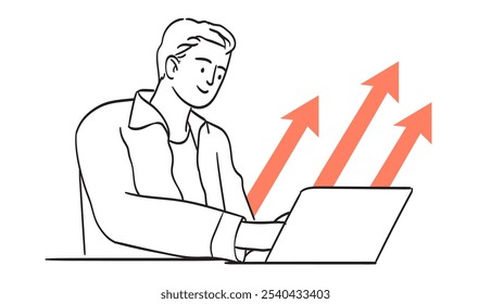 Business man work online on laptop. Line graphic vector illustration. Manager or seo specialist work on project, website promotion, analyze social media information for marketing insight, analytics.