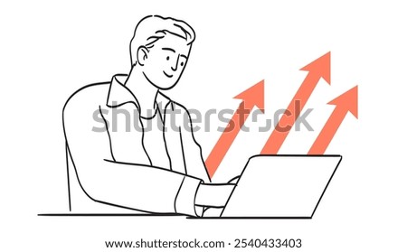 Business man work online on laptop. Line graphic vector illustration. Manager or seo specialist work on project, website promotion, analyze social media information for marketing insight, analytics.