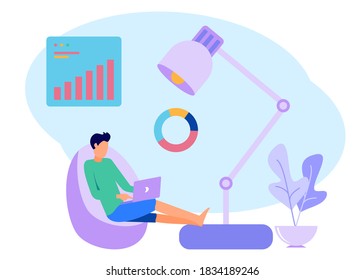 The business man worked at home and leaned back on the sofa. Comfortable workspace interior. Freelance and teleworking concepts. Modern vector illustration.