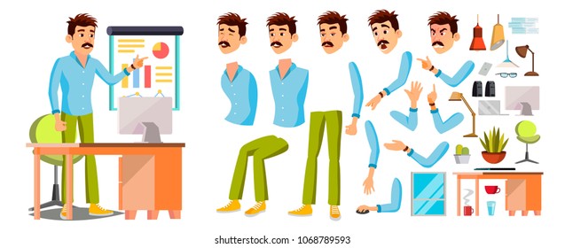 Business Man Worker Character Vector. Working Male. Office Worker. Animation Set. Clerk, Salesman, Designer. Face Emotions, Expressions. Cartoon Illustration