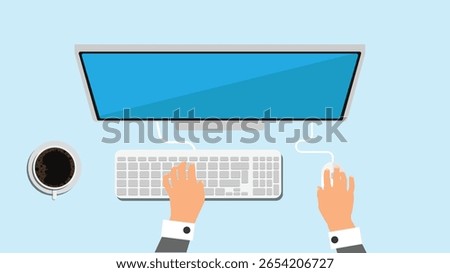 Business Man Working Behind Desktop Computer Top View. Work and company CEO management, technology and computers vector art