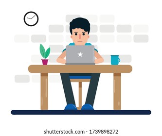 Business man working character with laptop computer on desk. freelance job concept. Illustration vector people flat design.