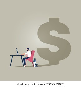 Business man working with computer on the deck with dollar sign shadow, work hard to make money vector concept