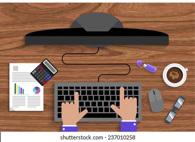 Business man working with computer on table, top view. Flat design cartoon style