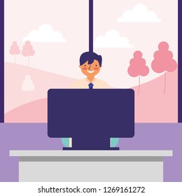 business man working computer window outdoors