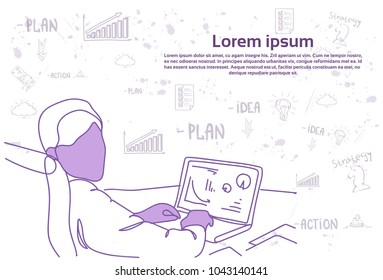 Business Man Working With Data On Laptop Computer Charts And Graphs Over Doodle Abstract Background Statistics Report Concept Vector Illustration