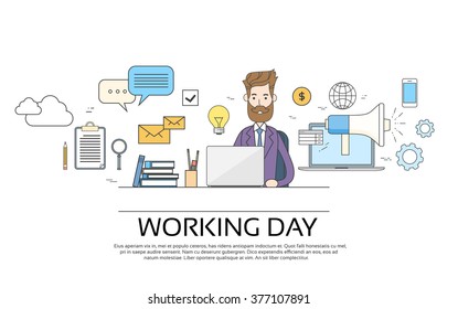 Business Man Working Day Concept Using Laptop Sitting Desk Banner Vector Illustration