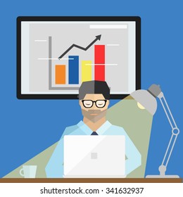 business man working at the desk with development graph in the blue background