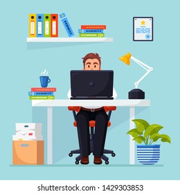 Business man working at desk. Office interior with computer, laptop, documents, table lamp, coffee. Manager sitting on chair. Workplace for worker, employee. Vector flat design