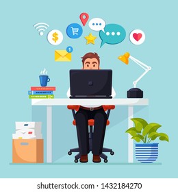 Business man working at desk with social network, media icon. Manager sitting on chair, chatting. Office interior with laptop, documents, coffee. Workplace for worker, employee. Vector flat design