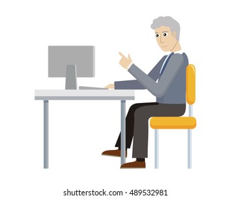 Business man working with desktop computer in office. Man in blue shirt and black pants sitting at the table and using computer. Businessman at the workplace. Isolated object in flat design