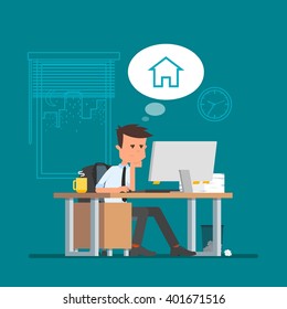 Business man working and dreaming about home. Vector illustration in flat cartoon style. Office worker in stress dreaming to go back home.