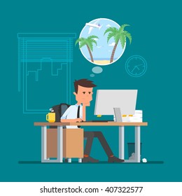 Business man working and dreaming about vacation on a beach. Vector illustration in flat cartoon style. Office worker in stress dreaming to go to tropical island.