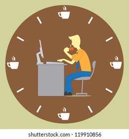 Business man working and drinking coffee all the times. Vector illustration.