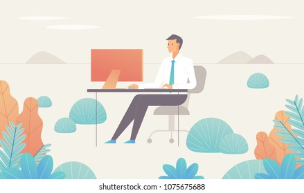 A business man working in a fantasy space. vector illustration flat design