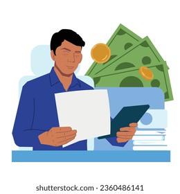 business man working finance calculator in flat illustration