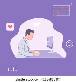business man working in front of computer desktop vector flat concept illustration