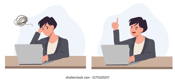 a business man is working in front of his laptop and have problem then got an idea to solve. Flat vector cartoon illustration